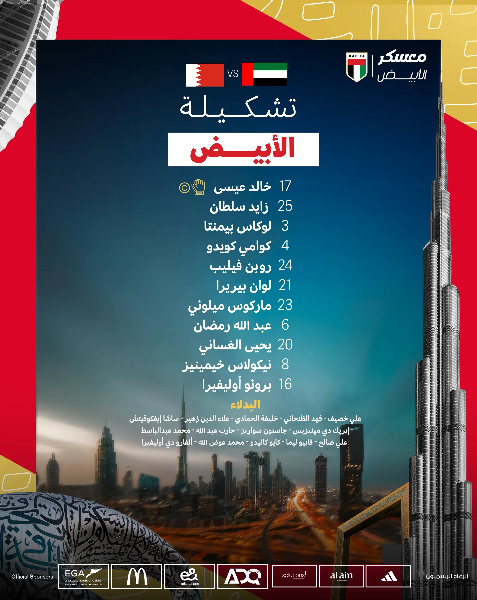 تشكيلة الإمارات ضد البحرين اليوم