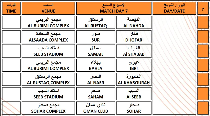 جدول مباريات الجولة السابعة من الدوري العماني 2025-2026