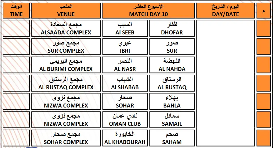 جدول مباريات الجولة 10 من الدوري العماني 2025-2026