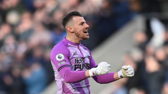 NEWCASTLE UPON TYNE, ENGLAND - MARCH 05: Newcastle goalkeeper Martin Dubravka celebrates the second Newcastle goal during the Premier League match between Newcastle United and Brighton & Hove Albion at St. James Park on March 05, 2022 in Newcastle upon Tyne, England. (Photo by Stu Forster/Getty Images)