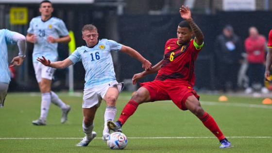 SINT-TRUIDEN, BELGIUM - JUNE 05: Scotland's Connor Barron beats Belgium's Aster Vranckx during a UEFA Under-21 Championship qualifier between Belgium and Scotland at Stayen, on June 05, 2022, in Sint-Truiden, Belgium. (Photo by David Catry/SNS Group via Getty Images)