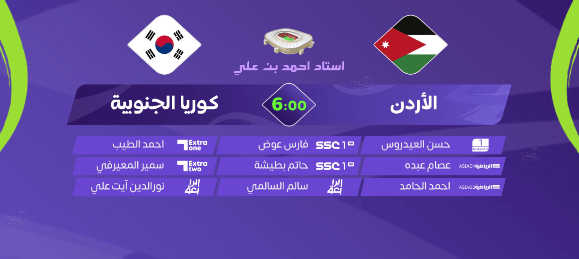 القنوات الناقلة لمباراة الاردن ضد كوريا الجنوبية اليوم