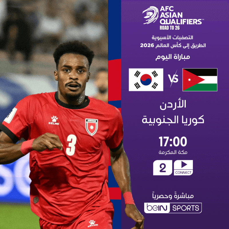 القنوات الناقلة لمباراة الاردن وكوريا الجنوبية