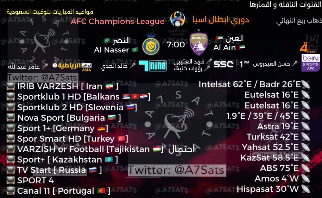 القنوات الناقلة لمباراة العين الإماراتي والنصر السعودي