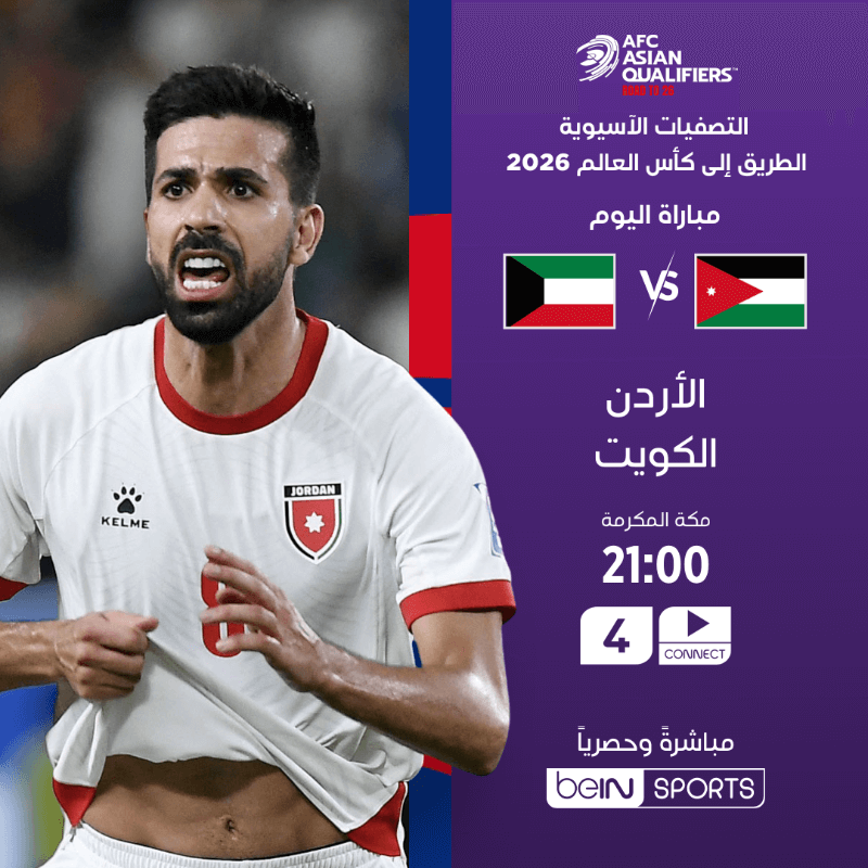 القنوات الناقلة لمباراة الكويت والاردن اليوم