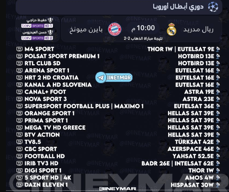 القنوات الناقلة لمباراة ريال مدريد وبايرن ميونخ