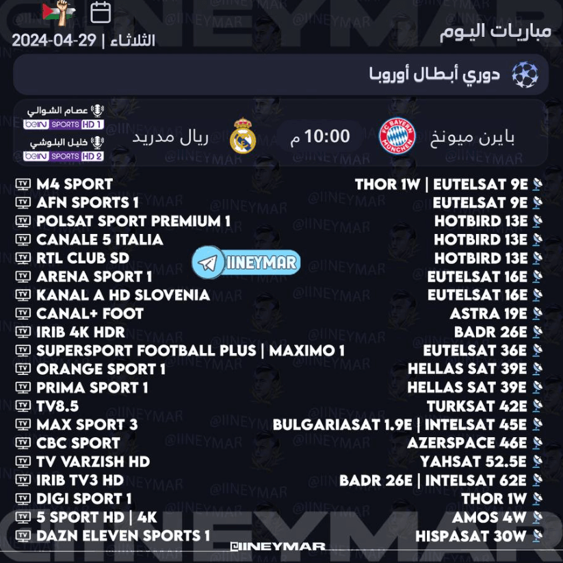 القنوات الناقلة لمباراة ريال مدريد وبايرن ميونخ