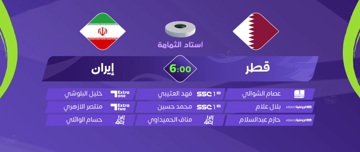 القنوات الناقلة لمباراة قطر وايران اليوم