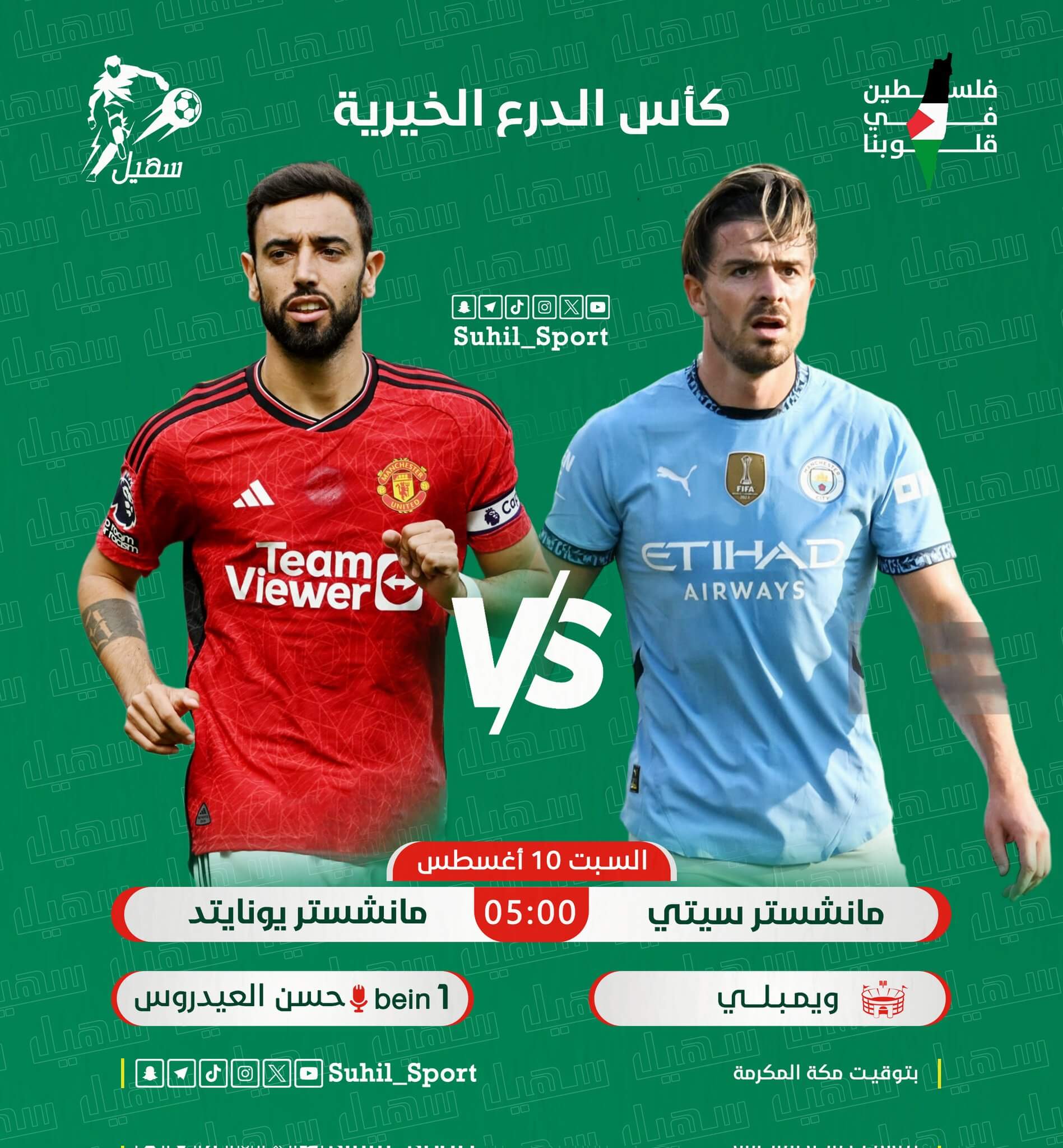 القنوات الناقلة لمباراة مانشستر سيتي ومانشستر يونايتد اليوم